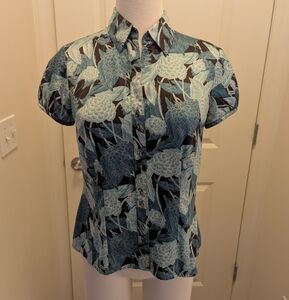 Floral Blue and Black Satin Ann Taylor Blouse